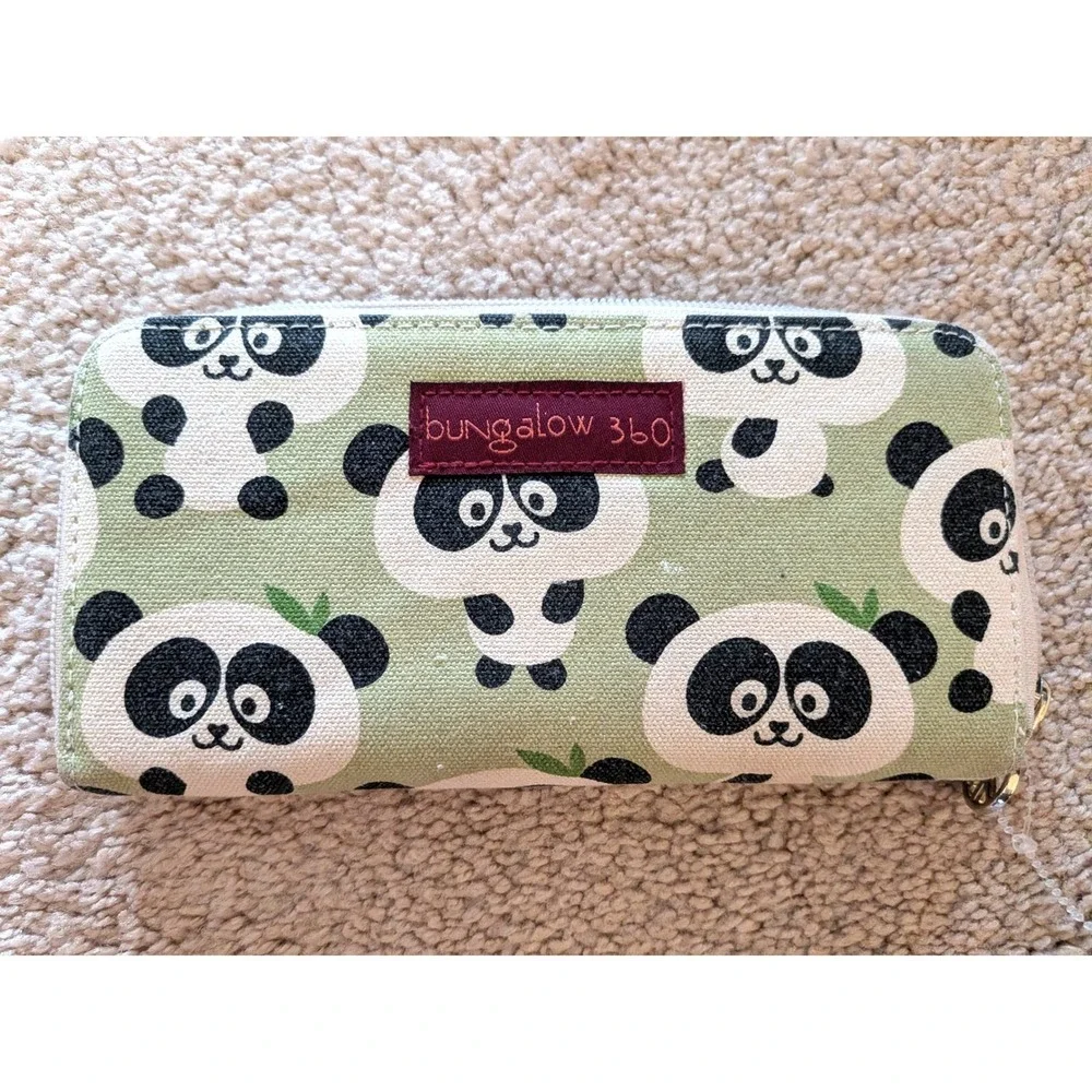 Bungalow 360 Vegan Canvas Zip Around Wallet Panda Bear Print Sage Green